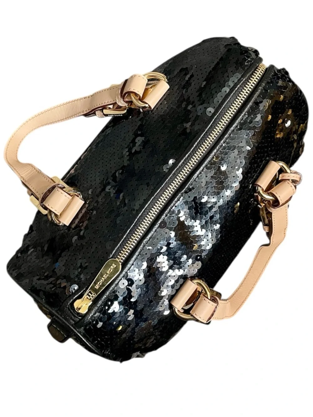 Michael Kors Black Sequin Grayson Satchel Leather Handles & Base Gold Hangtag